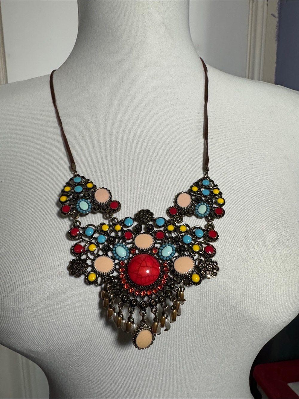Boho Statement Necklace with Red, Turquoise & Yellow Accents
